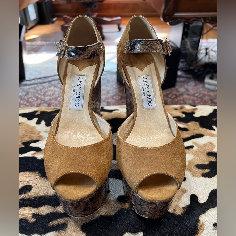 Jimmy Choo London “Folly” Platform Wedges in Python Snakeskin Suede